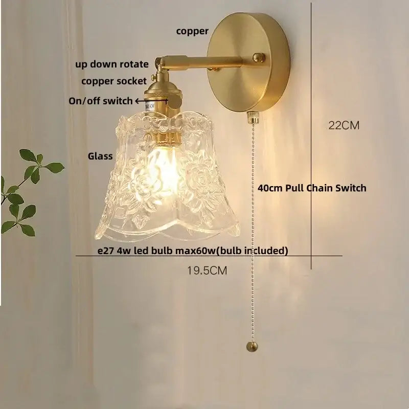 GobekUsa Brass E27 LED Wall Sconce Pull Chain Switch Stair Light Fixtures, photo 12 of 22