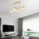 GobekUsa Modern Brass Hanging Light with Crystal Block - 4-Light Metal Cylinder Island Lighting for Living Room