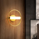 GobekUsa Modern Metallic LED Wall Sconce Lamp with Opal Glass Shade - Ring Bedside Fixture in Brass