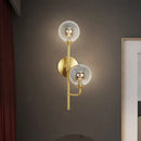 GobekUsa Amber/Smoke Gray Glass 2-Head LED Wall Sconce - Sphere Bathroom Wall Mount Light with Brass Finish