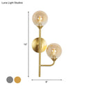 GobekUsa Amber/Smoke Gray Glass 2-Head LED Wall Sconce - Sphere Bathroom Wall Mount Light with Brass Finish