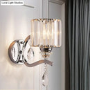 GobekUsa Modern Crystal Block Cylinder Wall Sconce in Chrome - Bedroom Wall Light Fixture