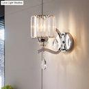 GobekUsa Modern Crystal Block Cylinder Wall Sconce in Chrome - Bedroom Wall Light Fixture