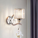 GobekUsa Modern Crystal Block Cylinder Wall Sconce in Chrome - Bedroom Wall Light Fixture