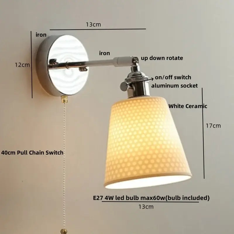 GobekUsa Ceramic LED Wall Light Sconce, Pull Chain Switch, Modern Style, photo 18 of 20