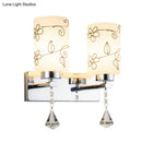 GobekUsa Modern White Glass Cylinder Wall Sconce with 2 Bulbs, Chrome Finish and Elegant Flower Pattern