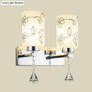 GobekUsa Modern White Glass Cylinder Wall Sconce with 2 Bulbs, Chrome Finish and Elegant Flower Pattern