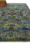 Moss Green Blue Silver Wool Hand Knotted Area Rug Turkish Heriz