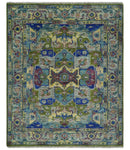 Modern Colorful Moss Green, Blue and Silver Traditional Turkish Design Heriz Wool Area Rug