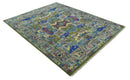 Moss Green Blue Silver Wool Hand Knotted Area Rug Turkish Heriz