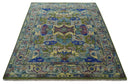 Moss Green Blue Silver Wool Hand Knotted Area Rug Turkish Heriz