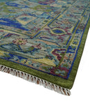 Moss Green Blue Silver Wool Hand Knotted Area Rug Turkish Heriz