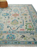 Vibrant Colorful Ivory and Aqua Hand Knotted Traditional Oushak Multi Size Wool Area Rug, Living Room Rug
