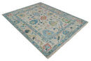Ivory and Aqua Traditional Wool Oushak Hand Knotted Area Rug