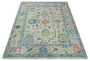 Vibrant Colorful Ivory and Aqua Hand Knotted Traditional Oushak Multi Size Wool Area Rug, Living Room Rug