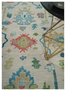 Vibrant Colorful Ivory and Aqua Hand Knotted Traditional Oushak Multi Size Wool Area Rug, Living Room Rug