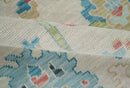 Vibrant Colorful Ivory and Aqua Hand Knotted Traditional Oushak Multi Size Wool Area Rug, Living Room Rug