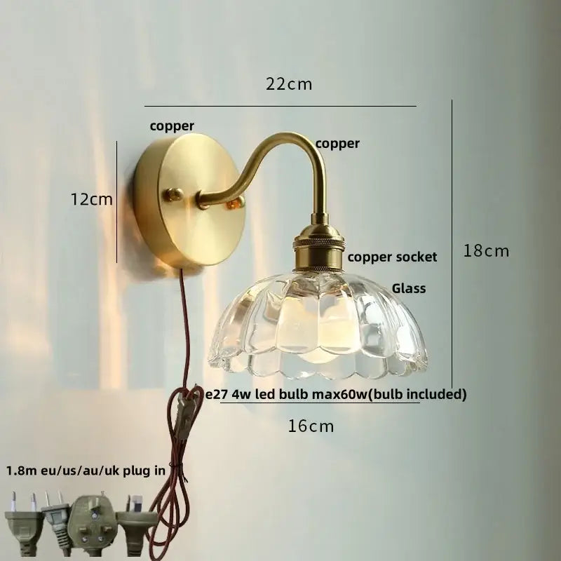 GobekUsa Clear Glass LED Wall Sconce Pull Chain Switch Modern Copper Bedside Lamp, photo 16 of 20