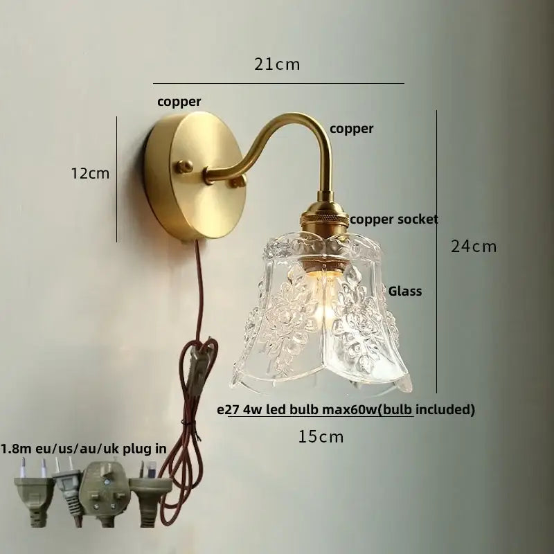 GobekUsa Clear Glass LED Wall Sconce Pull Chain Switch Modern Copper Bedside Lamp, photo 11 of 20