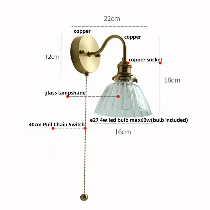 GobekUsa Clear Glass LED Wall Sconce Pull Chain Switch Modern Copper Bedside Lamp, photo 20 of 20