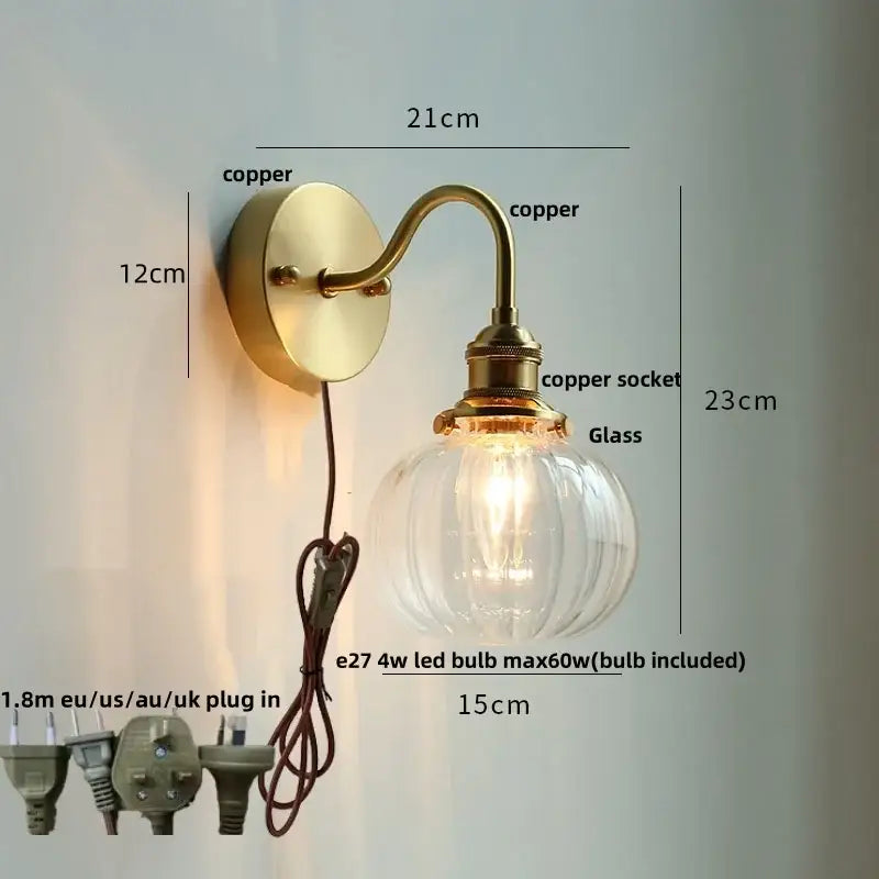 GobekUsa Clear Glass LED Wall Sconce Pull Chain Switch Modern Copper Bedside Lamp, photo 7 of 20