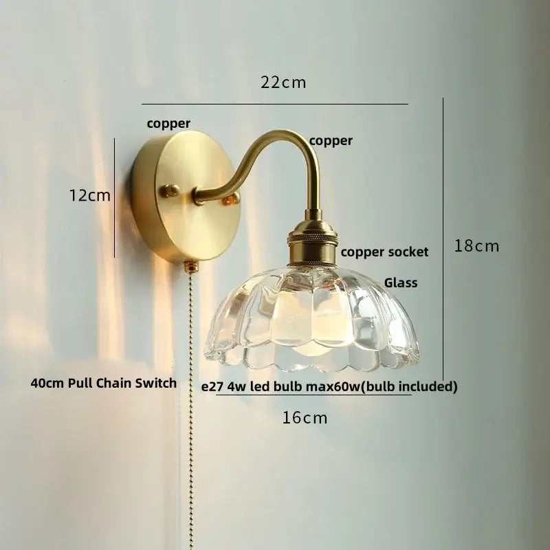 GobekUsa Clear Glass LED Wall Sconce Pull Chain Switch Modern Copper Bedside Lamp, photo 17 of 20