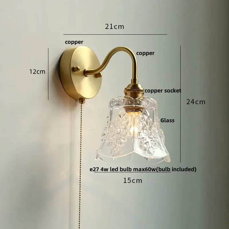 GobekUsa Clear Glass LED Wall Sconce Pull Chain Switch Modern Copper Bedside Lamp, photo 12 of 20