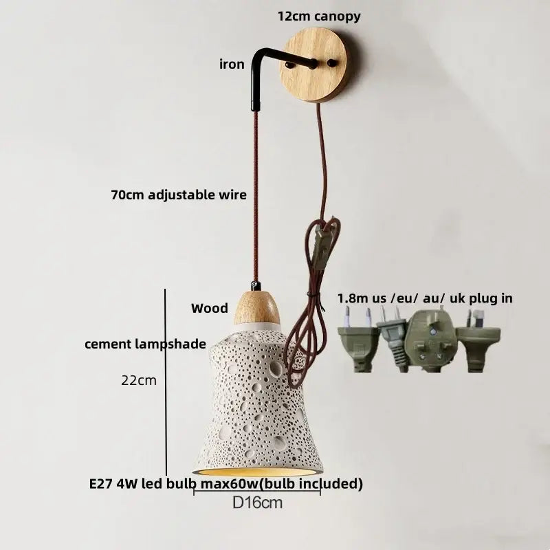 GobekUsa Adjustable Wall Lights Pull Chain Switch Wood Socket Cement Modern Bedside Lamp, photo 17 of 22