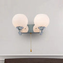 GobekUsa Modern Cream Glass 2-Head Wall Mount Light Fixture with Pull Chain - Chrome Wall Lamp