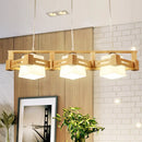 GobekUsa Modern Cubic Frosted Glass Island Pendant Lamp with Wood Cage and 3 Beige Bulbs