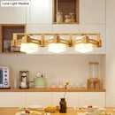 GobekUsa Modern Cubic Frosted Glass Island Pendant Lamp with Wood Cage and 3 Beige Bulbs
