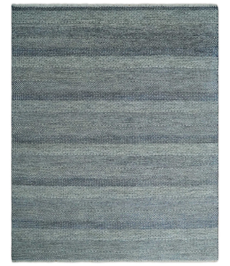 8x10 Hand Knotted Modern Geometric Trellis Scandinavian Blue, Ivory and Silver Wool Area Rug | TRDCP938810