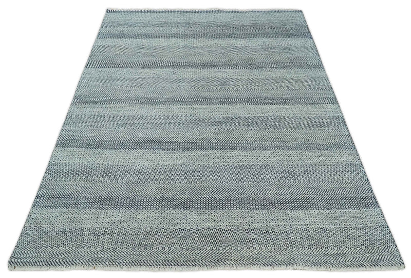 8x10 Hand Knotted Modern Geometric Trellis Scandinavian Blue, Ivory and Silver Wool Area Rug | TRDCP938810