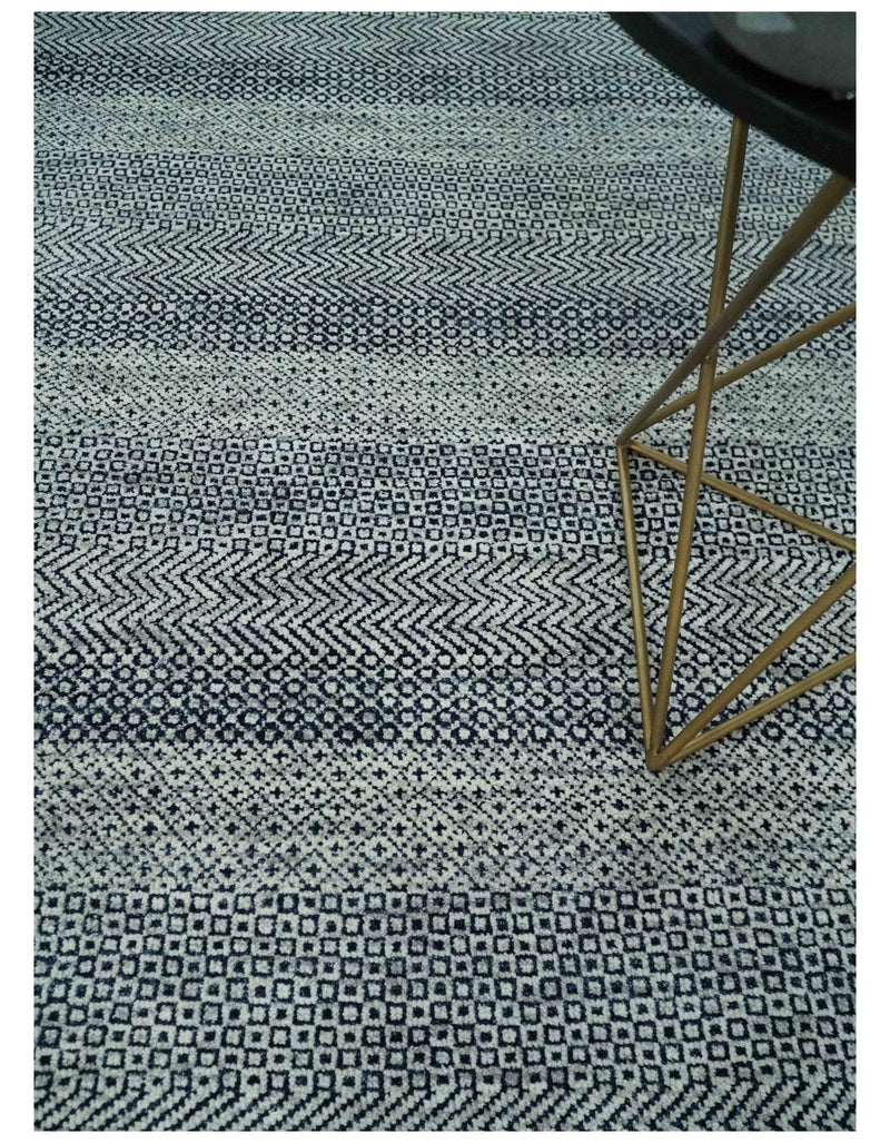 8x10 Hand Knotted Modern Geometric Trellis Scandinavian Blue, Ivory and Silver Wool Area Rug | TRDCP938810