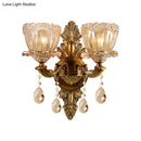 GobekUsa Modern Floral Shaped Wall Sconce Light with Amber Glass and Teardrop Crystal Drop in Brass - 1/2 Heads - Ideal for Living Room