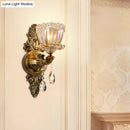 GobekUsa Modern Floral Shaped Wall Sconce Light with Amber Glass and Teardrop Crystal Drop in Brass - 1/2 Heads - Ideal for Living Room