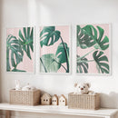 Pink Botanical 3 Piece Wall Art. Green Monstera Leaves Print by Wall Art Set