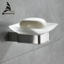 Modern frosted glass and black finish wall mount soap holder bathroom by Decorbites