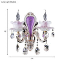 GobekUsa Modern Frosted Glass Purple Wall Sconce Light with Teardrop Crystal Drops - Ruffle Design