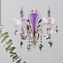 GobekUsa Modern Frosted Glass Purple Wall Sconce Light with Teardrop Crystal Drops - Ruffle Design