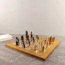 Wooden And Metal Chess Set On Geometric Block Board - Modern Style Home Decor Handcrafted Tabletop Display