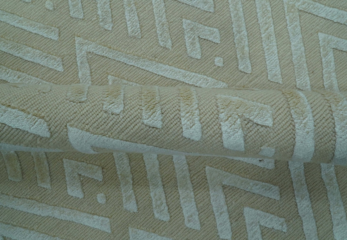 Bamboo Silk Hand Knotted Area Rug 9x12 - Ivory Beige Geometric, photo 7 of 11