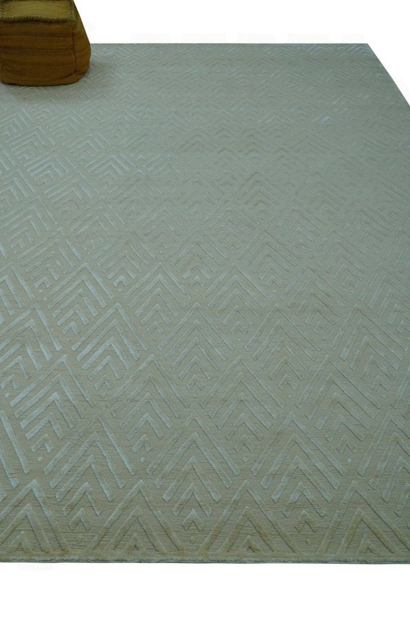 Bamboo Silk Hand Knotted Area Rug 9x12 - Ivory Beige Geometric, photo 9 of 11