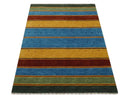 Modern Geometrical Blue, Gold, Brown and Green Stripes Design Hand loom 4.6x7 wool Area Rug by The Rug Decor