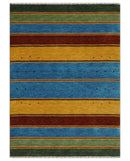 Modern Geometrical Blue, Gold, Brown and Green Stripes Design Hand loom 4.6x7 wool Area Rug by The Rug Decor