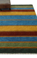 Modern Geometrical Blue, Gold, Brown and Green Stripes Design Hand loom 4.6x7 wool Area Rug by The Rug Decor