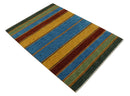Modern Geometrical Blue, Gold, Brown and Green Stripes Design Hand loom 4.6x7 wool Area Rug by The Rug Decor