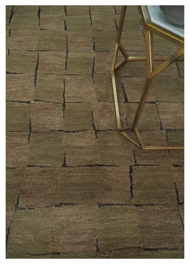 Modern Geometrical Brown, Olive and Charcoal Hand Knotted 5x8 Wool and Silk Area Rug