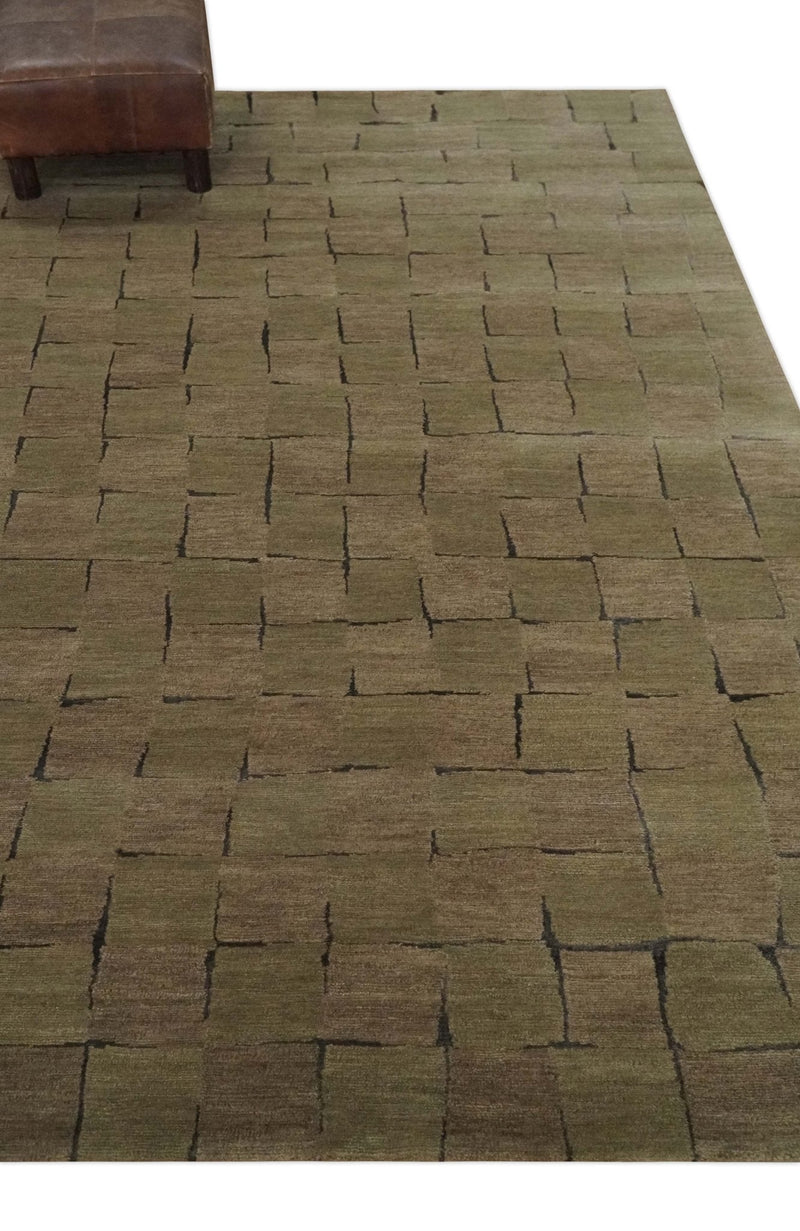 Modern Geometrical Brown, Olive and Charcoal Hand Knotted 5x8 Wool and Silk Area Rug
