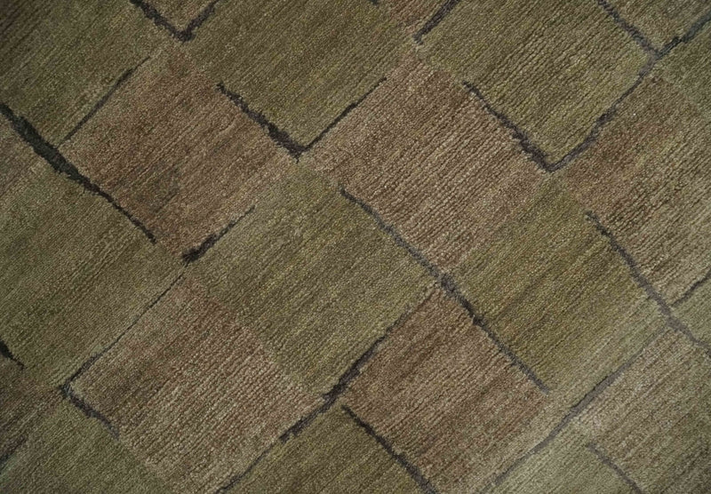 Modern Geometrical Brown, Olive and Charcoal Hand Knotted 5x8 Wool and Silk Area Rug